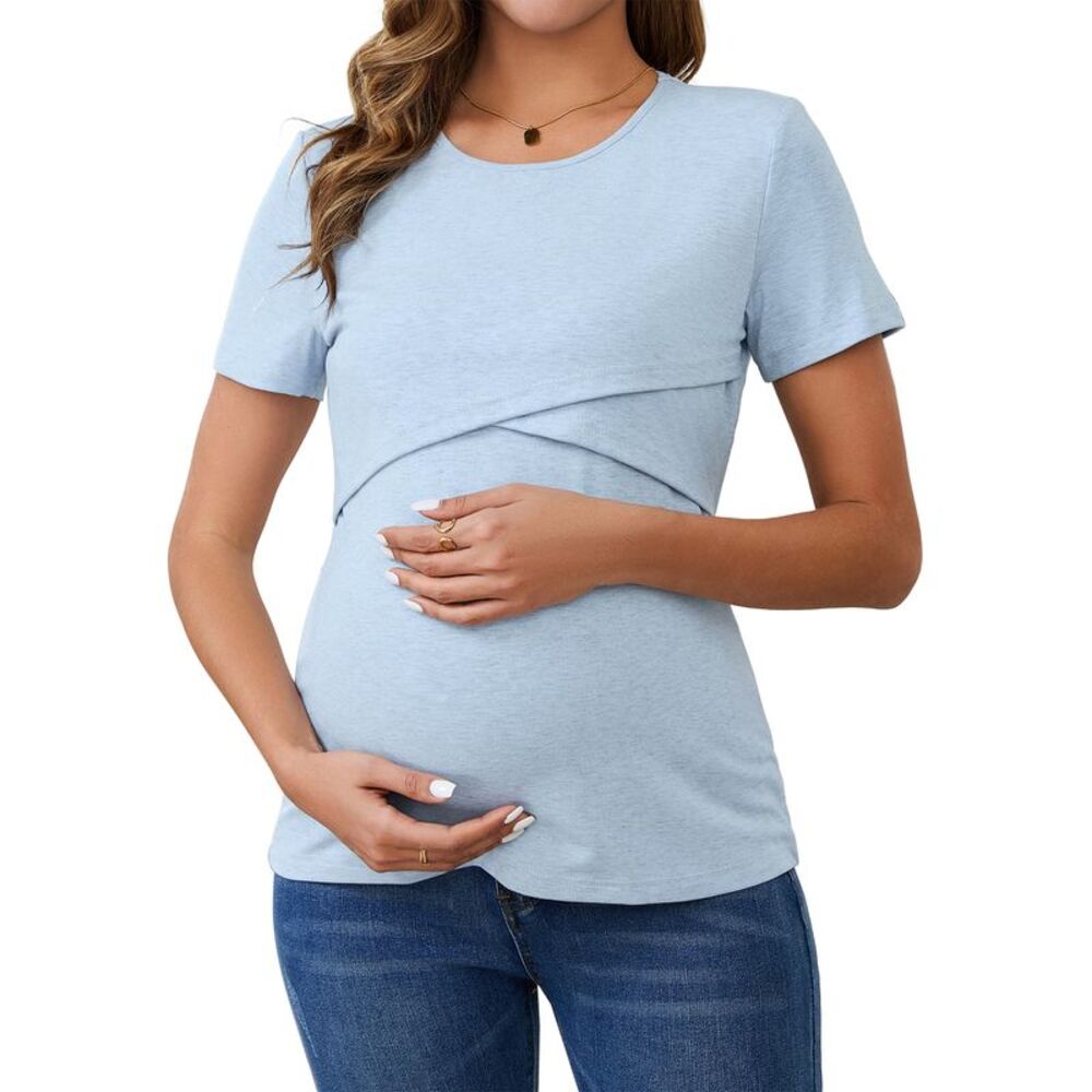 Ribbed Knit Short Sleeve Crossover Maternity Breastfeeding Top Sky Blue